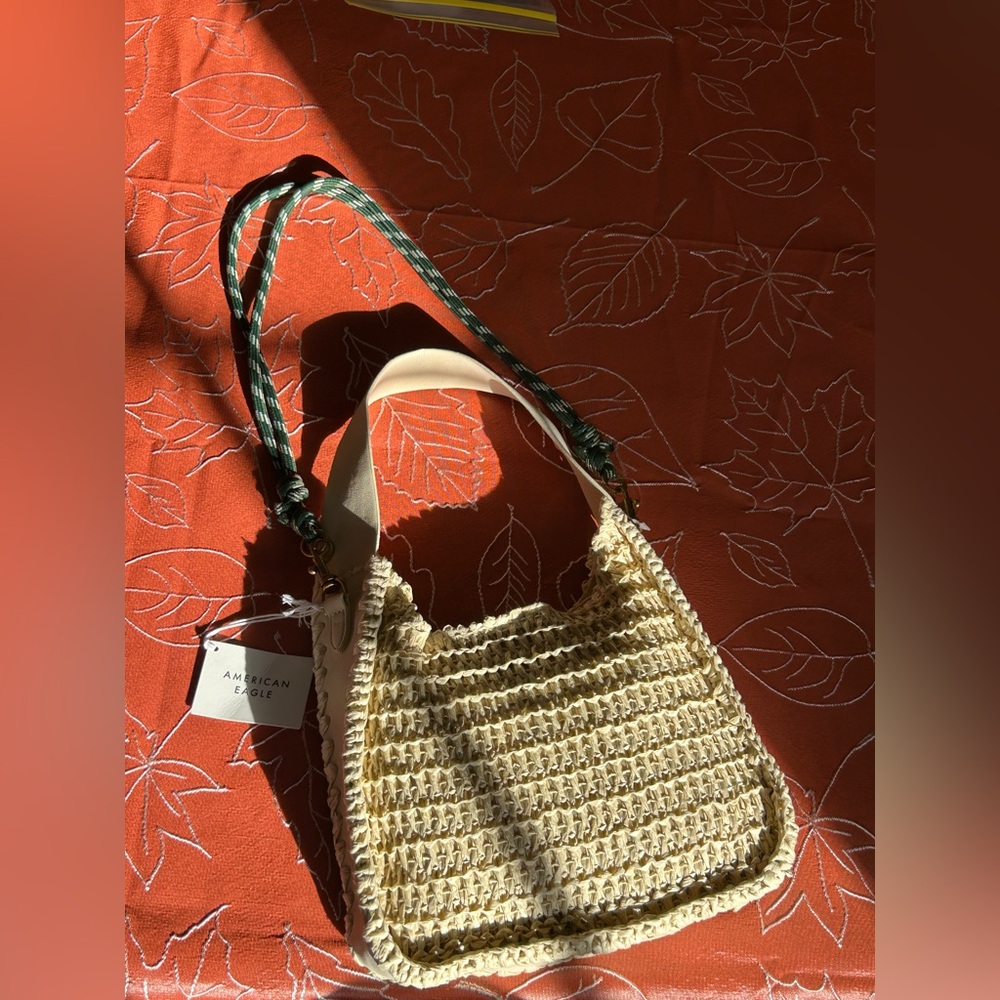 Cream Woven Hand + Shoulder Bag with Cream or Green Adjustable Strap NEW! - Picture 14 of 14